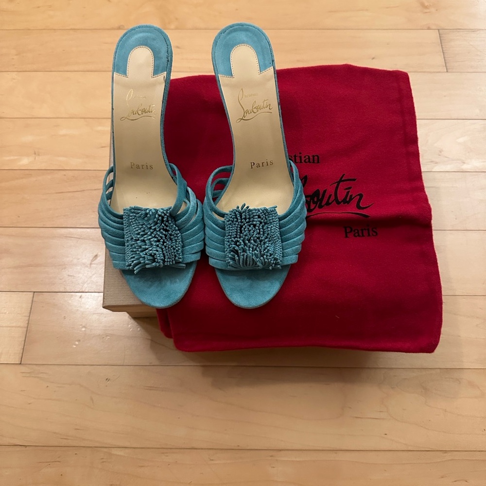 Christian Louboutin Teal Suede Slide Sandals